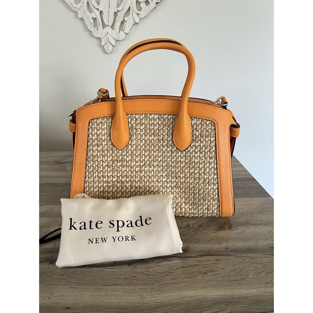 Kate Spade Medium Raffia And Leather Sunset Orange Knott Satchel 2 Way Tote Bag